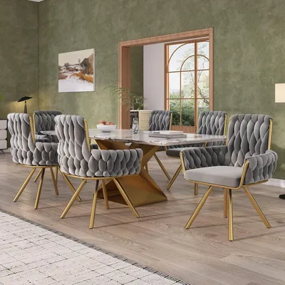 Produktbild von Samt-Esszimmerstuhl 6er Set Drehsessel Armlehnen 360 Grad Metallbeine Grau