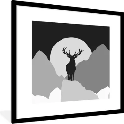 Produktbild von MuchoWow® Gerahmtes Poster Hirsch - Mond - Schwarz - Weiß 40x40 cm - Poster mit Schwarzem Bilderrahmen Wandposter Rahmen Foto Bilder - Poster - Plakat im Rahmen