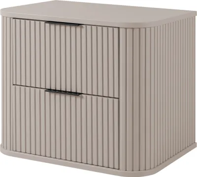 A beige bathroom cabinet with two drawers and black handles, shown from the front on a white background.