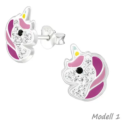 Produktbild von Kinderohrstecker „Einhorn“: 925 Silber Ohrringe bunt mit Kristall Modell 1