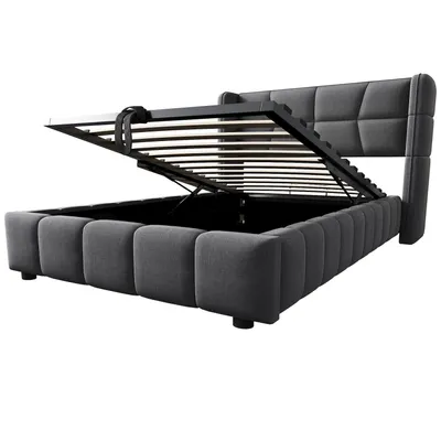 Obrázok produktu pre Čalúnená posteľ 90 x 200 cm, detská posteľ s roštom, čelom a pneumatickým úložným systémom, rám z ľanu, vhodná pre deti a mládež, sivá farba
