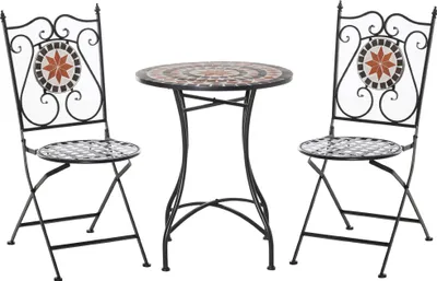 Image de Outsunny Ensemble Bistro 2 Places 3 pièces Style Fer forgé mosaïque céramique Motif Rose des Vents chaises Pliables métal époxy Noir
