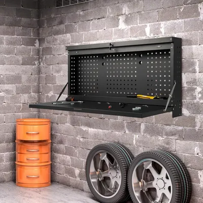 Produktbild von Klappbare Werkbank – Werktafel – Aufbewahrungsbox – Lochwand – Garagenregal – Wandmontage