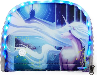 A close-up of a unicorn-themed pouch with LED lights.