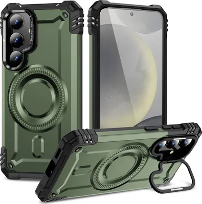 Immagine prodotto di Custodia magnetica per Samsung Galaxy S25, robusta custodia protettiva militare con supporto ad anello per fotocamera Verde