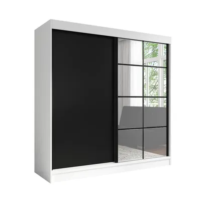 Produktbild von Taviro 200 cm Weiß / Schwarz, 2-türiger Kleiderschrank mit Spiegel, 3 Schubladen und Kleiderstangen – Funktionalität und Eleganz!