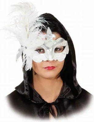Produktbild von O46069 weiß-silber Federn weiß Damen Herren Venezianische-Barock-Rokoko Maske Halbmaske