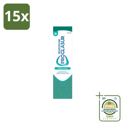 Imagen del producto de 15 tubos de pasta dental Sensodyne Proglasur Fresh & Clean, 75 ml cada uno. Pack de 15 unidades
