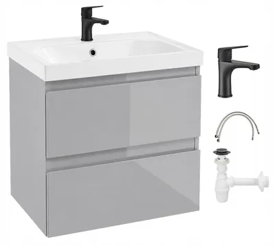 Produktbild von Hängender Badschrank Set 60 cm mit Waschbecken, schwarzer Armatur, Grau Hochglanz