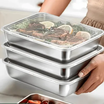 Imagen del producto de Recipientes para alimentos - Cajas rectangulares de almacenamiento - Juego de 3 unidades - Acero inoxidable - Con tapa - Reutilizables