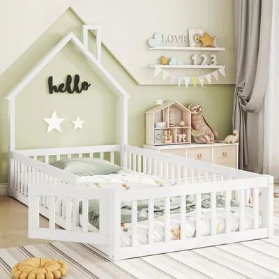 Image de Lit pour enfant 140x200 cm - Lit double en bois massif, forme de maison - Blanc
