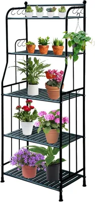 Immagine prodotto di Portap piante in metallo - Scaffale per fiori - Supporto per piante da esterno - Cinque livelli con ganci - 133 x 55 cm - Nero