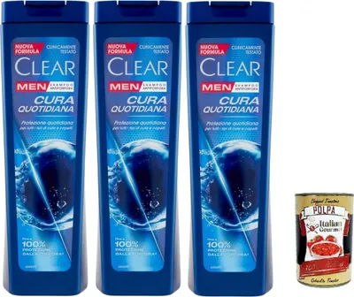 Produktbild von Clear Cura Quotidiana Men Shampoo für alle Haar- und Kopfhauttypen - Tägliches Pflegeshampoo 3x 225ml + Italian Gourmet polpa 400g