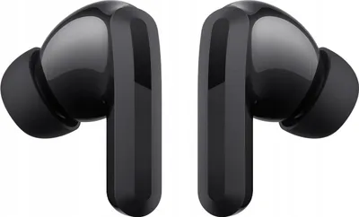 A pair of black wireless earbuds shown from a side view against a white background.
