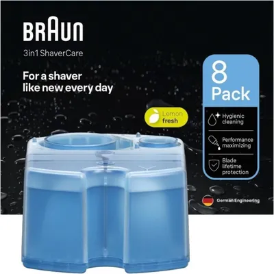 A product shot of Braun ShaverCare cleaning fluid cartridges with marketing text and icons.