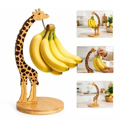Produktbild von Giraffen-Bananenhalter aus Holz, niedlicher Bananenständer mit Metallhaken, Tierform, Obsthalter für die Küchenarbeitsplatte, gleichmäßige Reifung