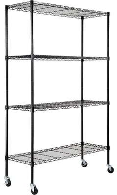 4-lagiges Drahtregal mit Rollen, verstellbar, 700 lbs, schwarz