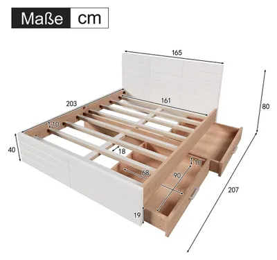 Imagen del producto de Cama de madera - Estructura de cama - 160 x 200 cm - 2 cajones de almacenamiento - Somier - Sin colchón - Blanco