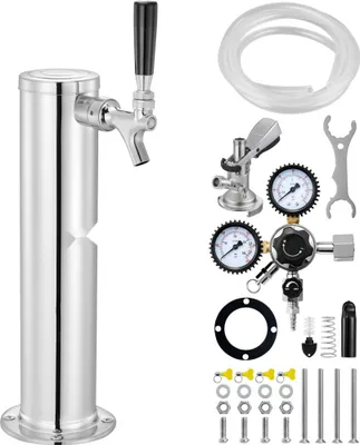 Produktbild von Kegerator-Turm-Kit - Einzelzapfhahn-Bierumrüstsatz - Edelstahl-Fass-Bierturm-Zapfanlage mit Doppelmessgerät und W21.8-Regler - A-System-Fasskupplung - Biertropfschale für Partys Zuhause