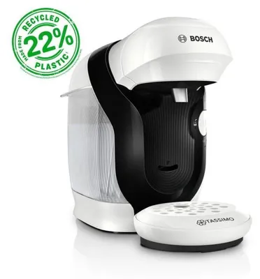A white and black Bosch Tassimo coffee machine is shown against a white background.