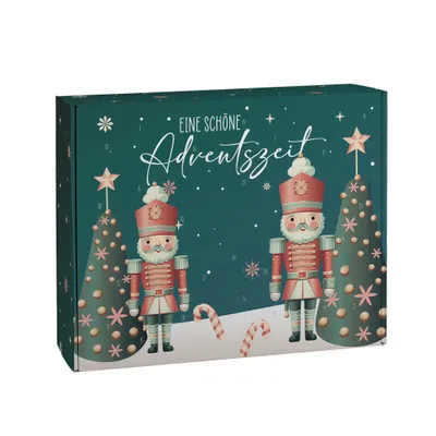 A Christmas advent calendar box with nutcracker figures and Christmas trees.