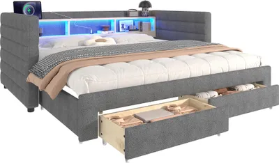 Produktbild von Merax Tagesbett Daybett 90x190cm, Schlafsofa mit Ausziehbett, 2 Schubladen, Ablagefach, LED Licht, USB, Typ-C, Polsterbett, Kinderbett, Samt, Grau