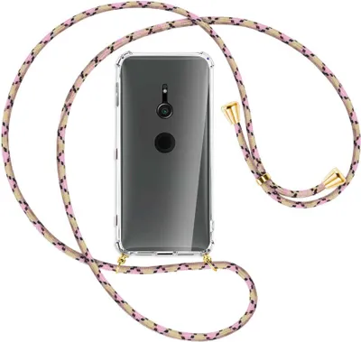 Produktbild von Handykette Backcover-Schutzhülle mit Band (Metall goldfarben) für Sony Xperia XZ2 - rosa Karo