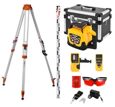 Productafbeelding van VEVOR roterende laserwaterpasset met statief en meetlat, rode laserstraal, bereik van 300 m, verstelbare kantelhoek, 360° draaibaar, flexibele scanhoek, inclusief afstandsbediening en draagtas