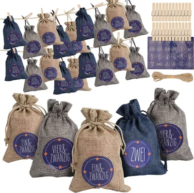 Image de Calendrier de l'Avent à remplir pour Noël, avec des autocollants, des sacs en tissu réutilisables, un kit de bricolage pour cadeaux, un ensemble de décoration, un ensemble de 24 pièces, couleurs : bleu, beige, gris
