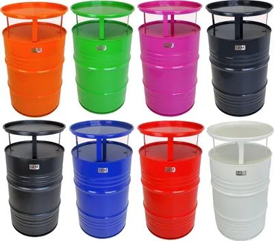 A collection of eight barrel-shaped tables in various colors, arranged in two rows.