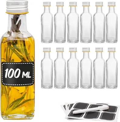 Immagine prodotto di Praknu 12 bottiglie di vetro 100ml con tappo a vite per il riempimento - 12 etichette con penna - vetro per olio, aceto, succo e limonata