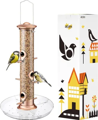 Produktbild von Vogelvoeders zaadvanger für draußen zum Aufhängen, 6-Port Vogelspender für Kardinalvögel mit gebürsteter Kupferoberfläche 35 cm (Saatgut nicht enthalten)