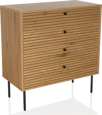A wooden dresser with black legs and black drawer pulls, shown against a white background.