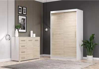 Produktbild von 2er-Set Schwebetürenschrank Schrank Kleiderschrank ohne Spiegel Weiß/Sonoma Eiche 120cm Neomi 04 mit Kommode 135cm FRIDA 01