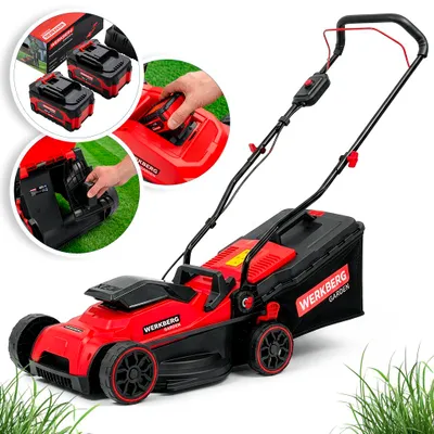 Zdjęcie produktu dla Kosiarka akumulatorowa mocna Werkberg Garden 20V, 33 cm, 2x20V, 4.0Ah ładowarka z sygnalizacją LED rozrusznik elektryczny E-start
