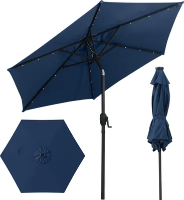 Zdjęcie produktu dla Parasol ogrodowy COSTWAY 230 cm z oświetleniem słonecznym LED, korbką i 6 żebrami, składany pod kątem 35° z obu stron parasol ogrodowy parasol morski