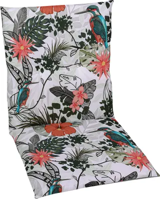 A chair cushion with a tropical pattern featuring birds and flowers.
