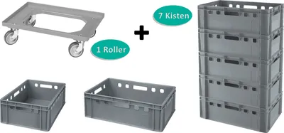 Produktbild von 7 Stück E2-Kasten grau + 1 Transportroller mit vier Lenkrollen grau