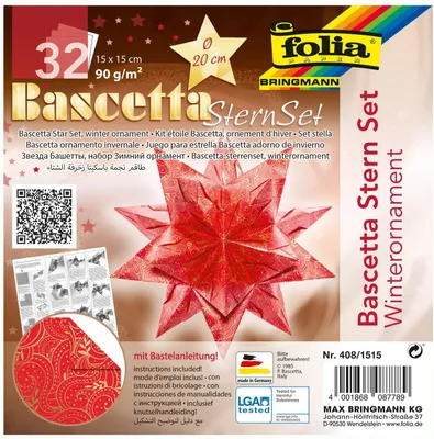 Produktbild von folia 408/1515 - Bastelset Bascetta Stern Winterornament rot/gold, 32 Blatt, 15 x 15 cm, fertige Größe des Papiersterns ca. 20 cm, mit ausführlicher Anleitung - ideal zur zeitlosen Dekoration