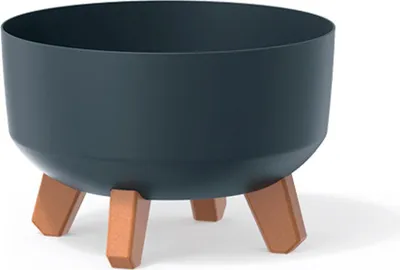 A dark gray planter with three brown legs, shown against a white background.