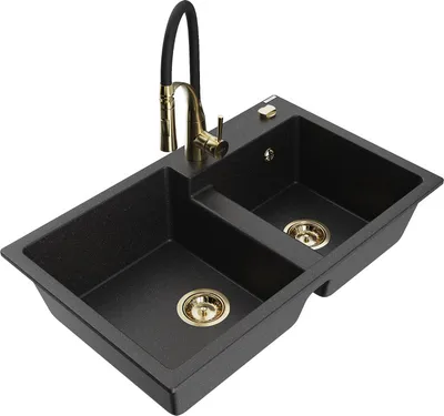 Produktbild von Mexen Tomas 2-Becken-Granitspüle mit Mischbatterie Aster, Schwarz/Silbermetallic - 6516-73-73450-57-G