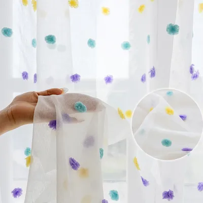 Produktbild von Pom Pom Vorhänge für Kinderzimmer Stangentasche Lichtfilter Regenbogen bestickt durchscheinende Vorhänge Voile Fenstervorhang 2 Stück 132x241cm