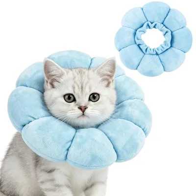 Immagine prodotto di Collare protettivo per gatti, colore blu, motivo girasole, taglia S, ideale per proteggere la ferita dopo un'operazione