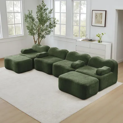 Zdjęcie produktu dla 4-osobowa modułowa sofa bez szkieletu w kształcie litery U z 2 podnóżkami, falisty kształt, pianka o wysokiej gęstości 32D, zdejmowane poduszki na podłokietniki, miękka tkanina, do salonu