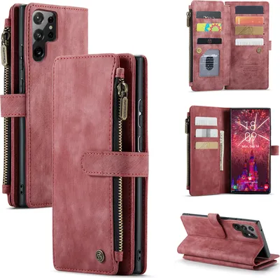 Obrázek produktu pro Kůže pouzdro pro Samsung Galaxy S23 Ultra,PolyuretanKožené Pouzdro na Zip, Magnetické Uzavírání, Kapsa na Karty, Stojánek, Peněženka pouzdro červené