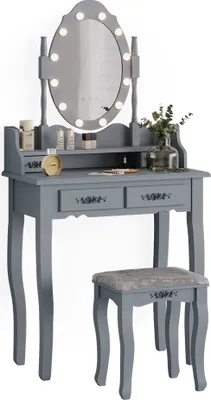 A gray vanity table with a lighted mirror and a stool, set against a white background.