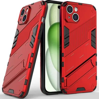 Produktbild von Armor Hülle für iPhone 15, Hybrid PC TPU Bumper Stoßfestes Schutzhülle mit Standfunktion Rot