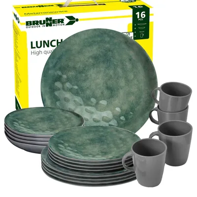 Produktbild von BRUNNER Camping Geschirr Set 4 Personen | Anti-Slip | Lunch Box VENETIAN SEA GREEN, 16-tlg.
