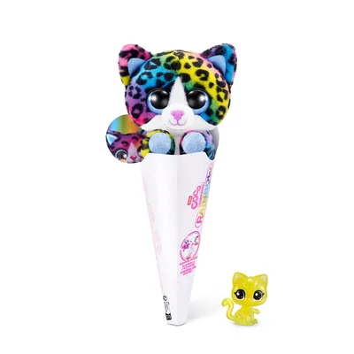 A rainbow-colored plush cat toy in a cone-shaped wrapper, with a small yellow cat figurine next to it.