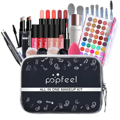 Produktbild von Make-up Geschenkset für Gesicht, Augen und Lippen mit Lidschatten, Lippenstift, Rouge, Mascara, Pinsel